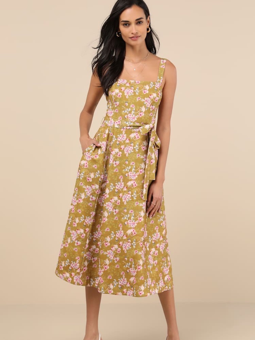 Lulus Sunny Posture Chartreuse Floral Sleeveless Midi Dress Size M NWT